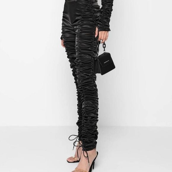 Akira Bow Down Ruched Satin Pants- Black - Picture 1 of 8